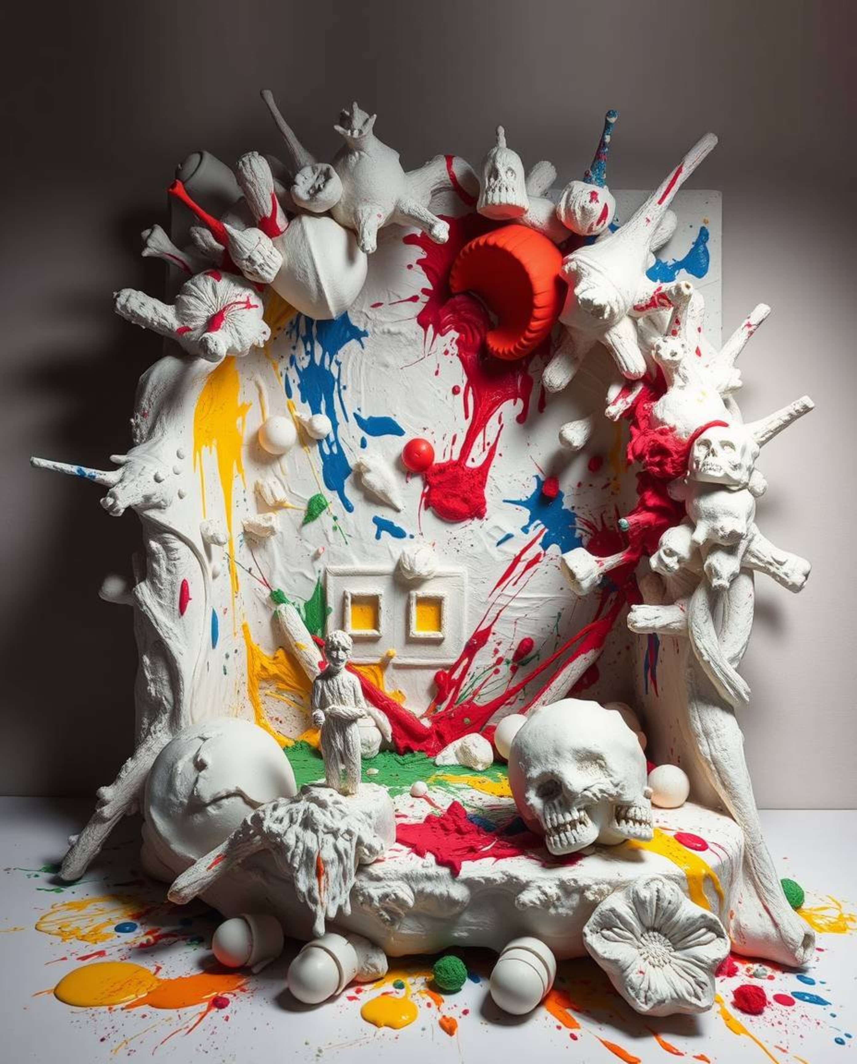 This striking sculptural clay art piece captures the chaotic beauty of a room exploding with paint. The artist utilizes model