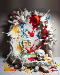 This striking sculptural clay art piece captures the chaotic beauty of a room exploding with paint. The artist utilizes model