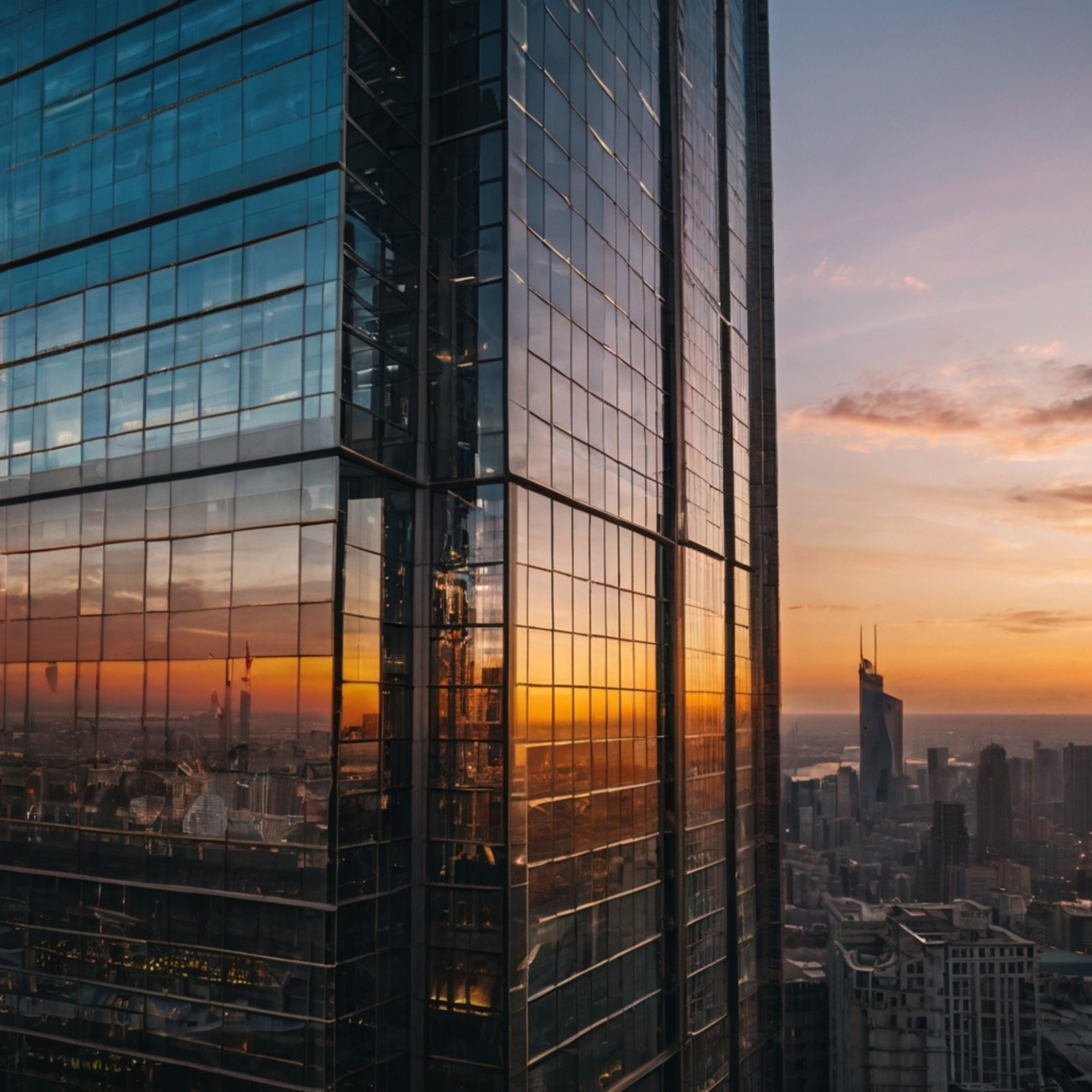 Capture the essence of urban beauty with this image showcasing a glass skyscraper mirroring a vibrant sunset. Below, a bustli