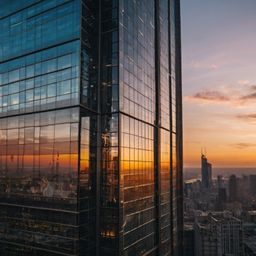 Capture the essence of urban beauty with this image showcasing a glass skyscraper mirroring a vibrant sunset. Below, a bustli
