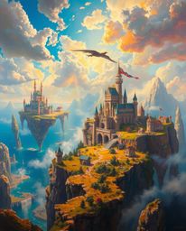 A breathtaking, large-scale oil painting depicts a vibrant kingdom featuring floating islands and majestic castles. Illumina