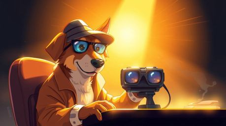 Discover a radiant and luxurious illustration of a dog detective utilizing high-tech gadgets.  Bathed in a warm golden glow, 