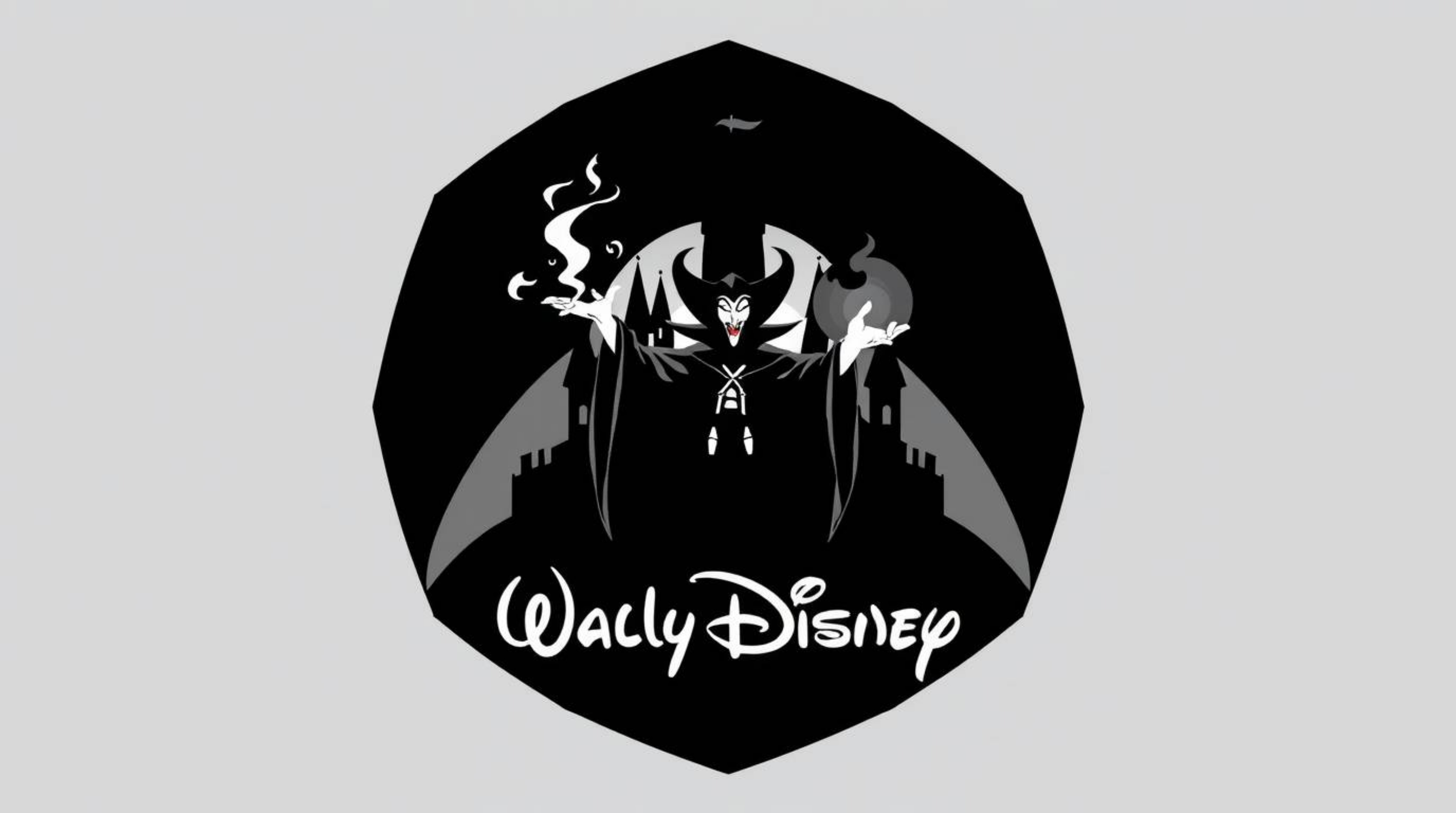 A striking geometric logo design features a classic Disney villain casting a spell within an old castle.  The image utilizes 