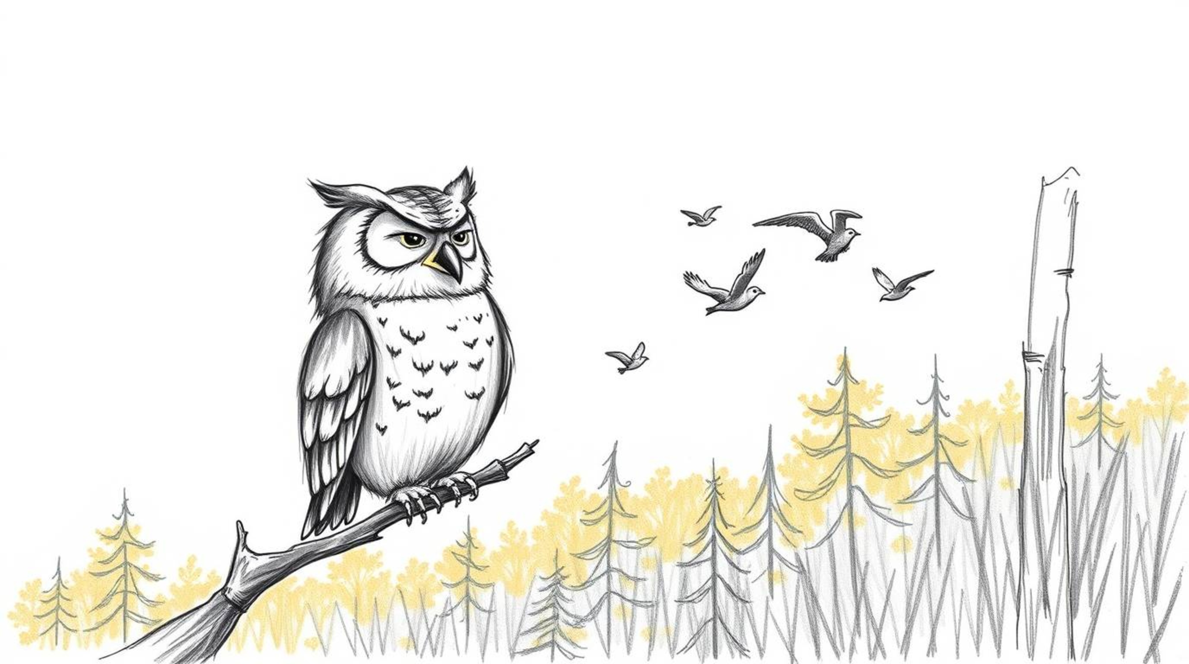 A heartwarming hand-drawn sketch in the style of Pixar, depicting a wise, blind owl with textured, wrinkled features and soft