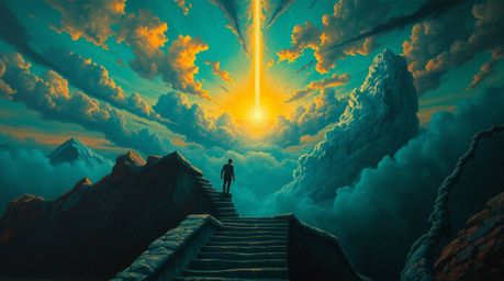 Immerse yourself in a surreal world with this captivating painting featuring a lone figure ascending a stone staircase toward
