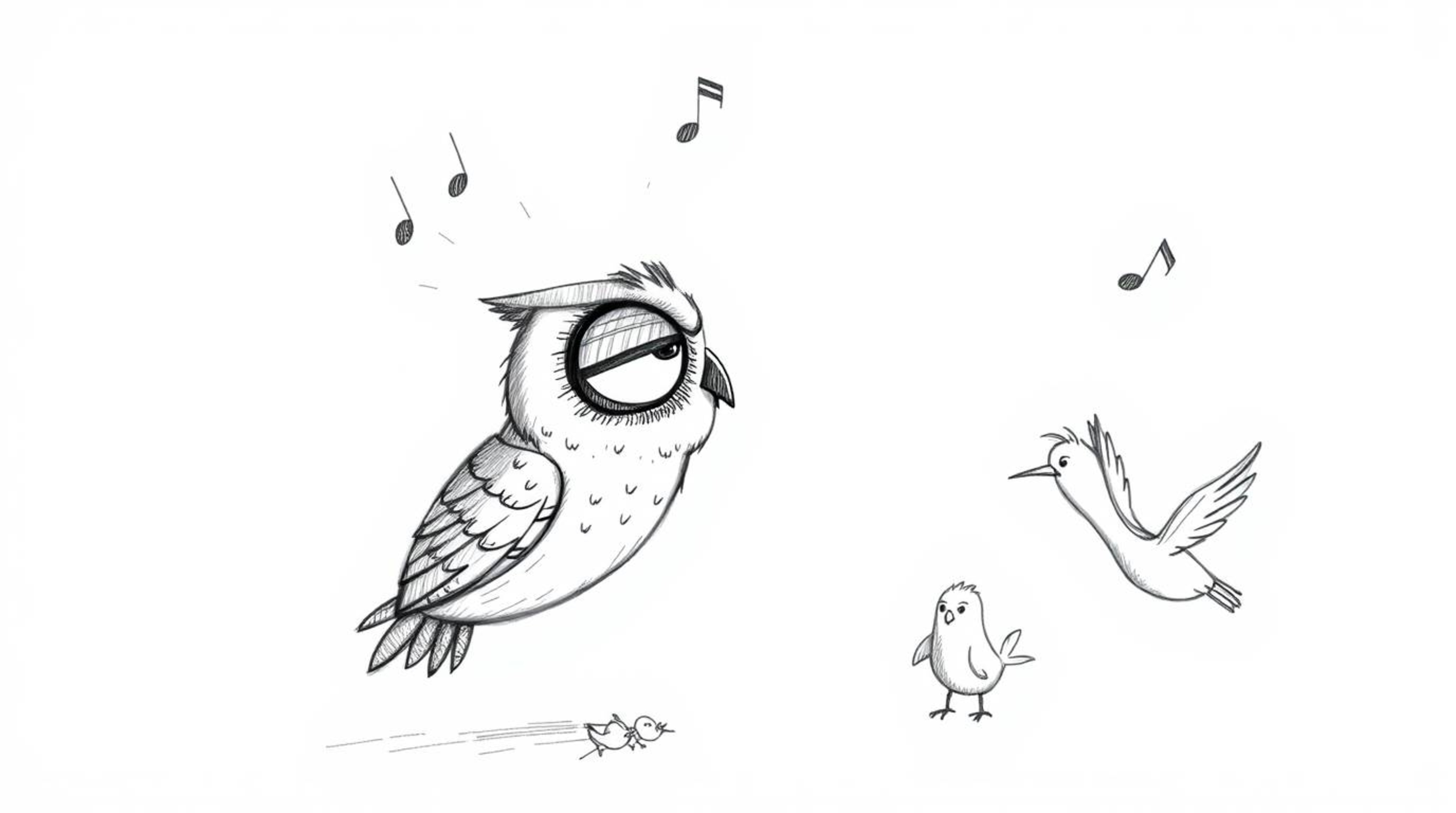 A heartwarming hand-drawn sketch in Pixar style depicts a wise, blind owl with expressive wrinkles guiding a flock of birds i