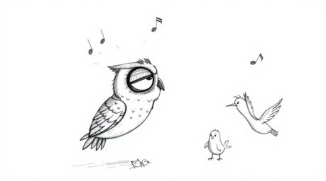 A heartwarming hand-drawn sketch in Pixar style depicts a wise, blind owl with expressive wrinkles guiding a flock of birds i