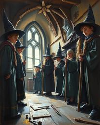 Discover a captivating classic oil painting depicting young wizards in a magical school.  The low angle perspective, rich tex