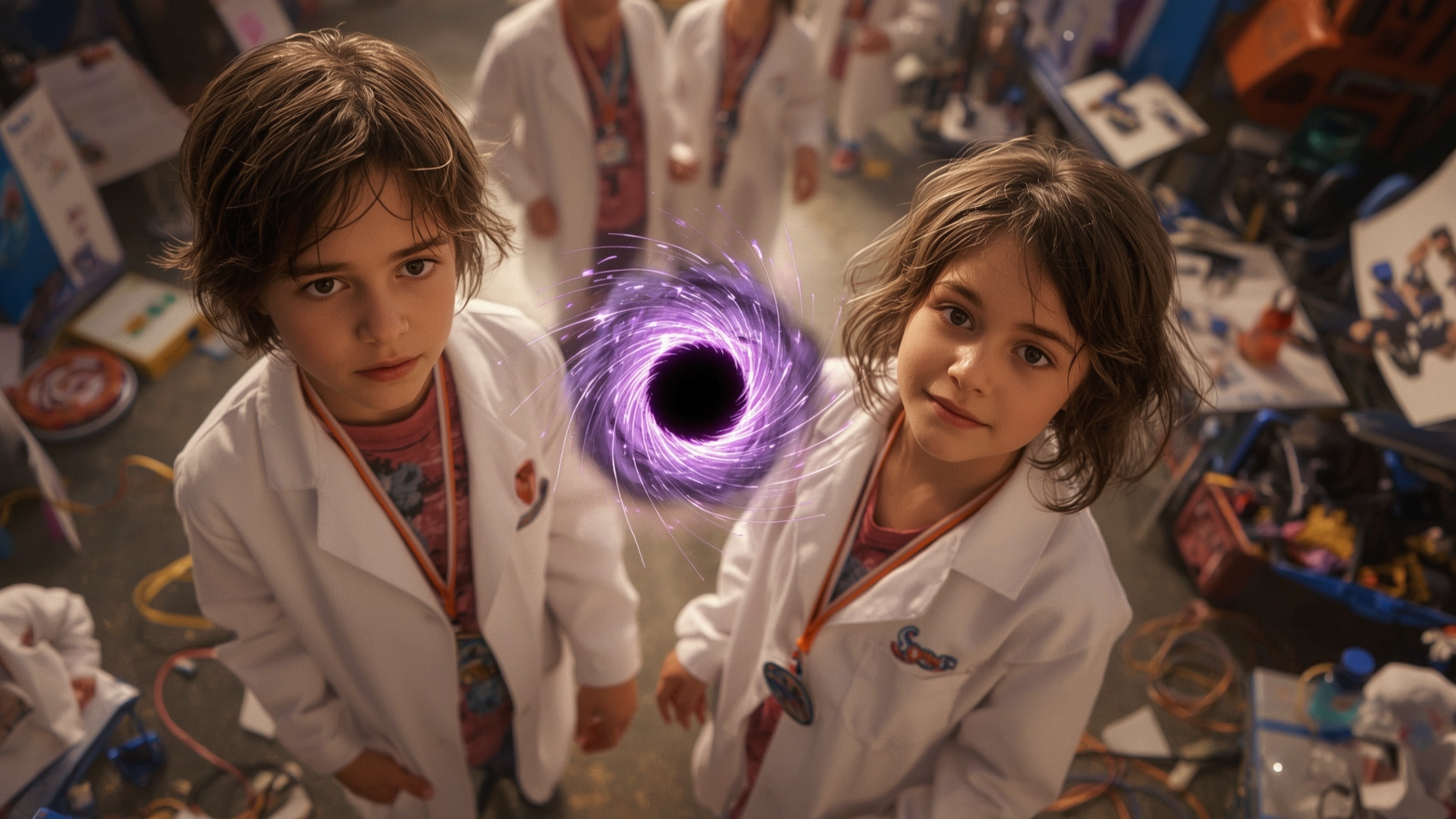 In a highly detailed, cinematic photograph with a vibrant, Pixar-inspired style, a science fair duo of a boy and a girl, both