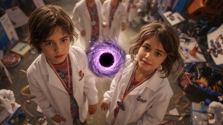 In a highly detailed, cinematic photograph with a vibrant, Pixar-inspired style, a science fair duo of a boy and a girl, both