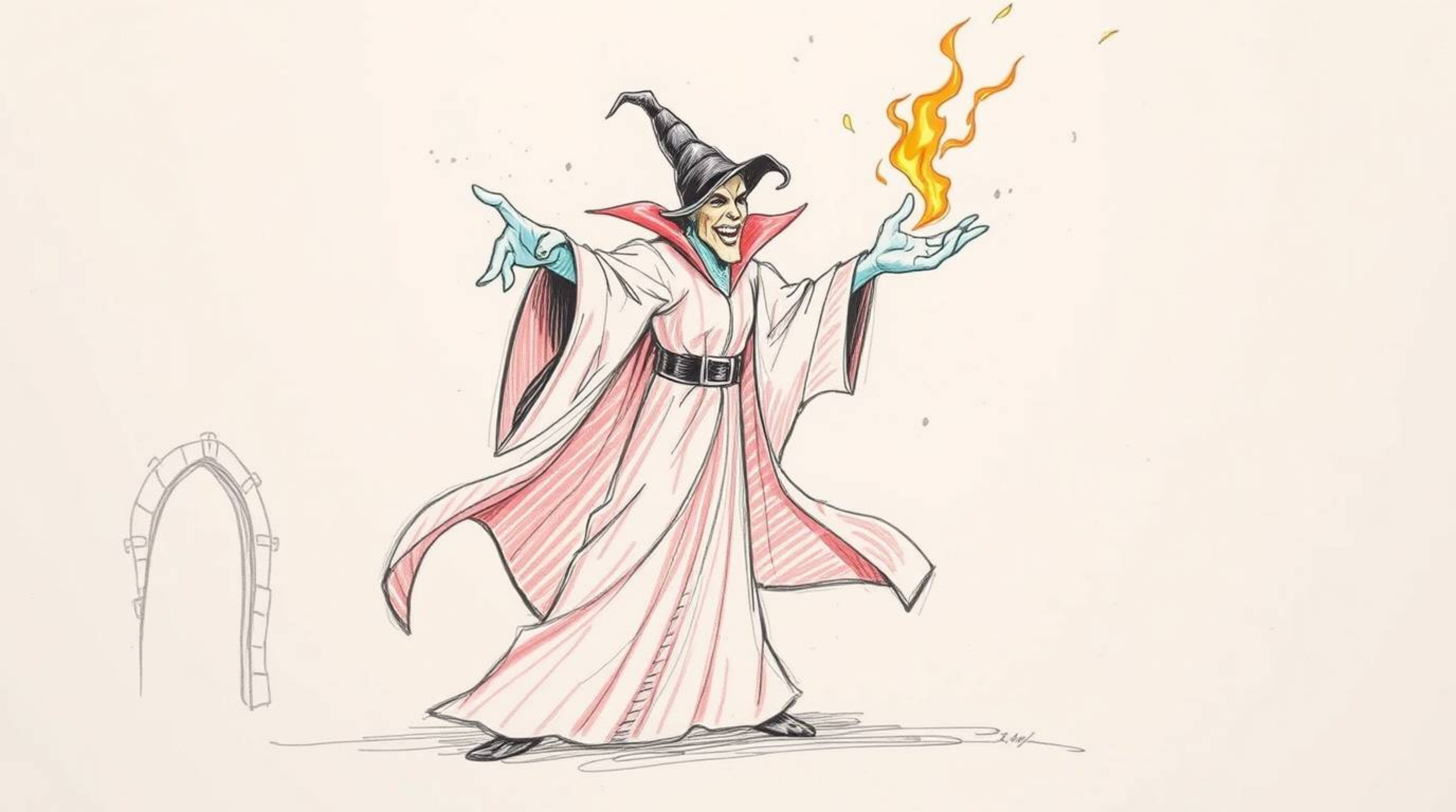 This artwork showcases a hand-drawn sketch of a classic Disney villain, depicted with flowing robes and in dynamic motion as
