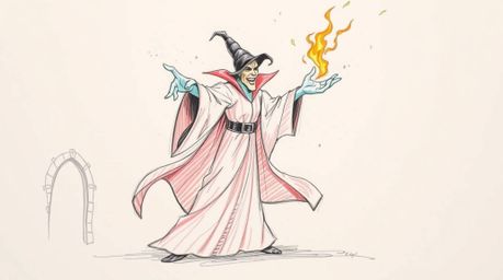 This artwork showcases a hand-drawn sketch of a classic Disney villain, depicted with flowing robes and in dynamic motion as 