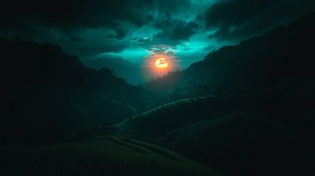 Experience the eerie beauty of a bioluminescent sunset over lush rice terraces.  Deep teal and vibrant glow create a luxuriou
