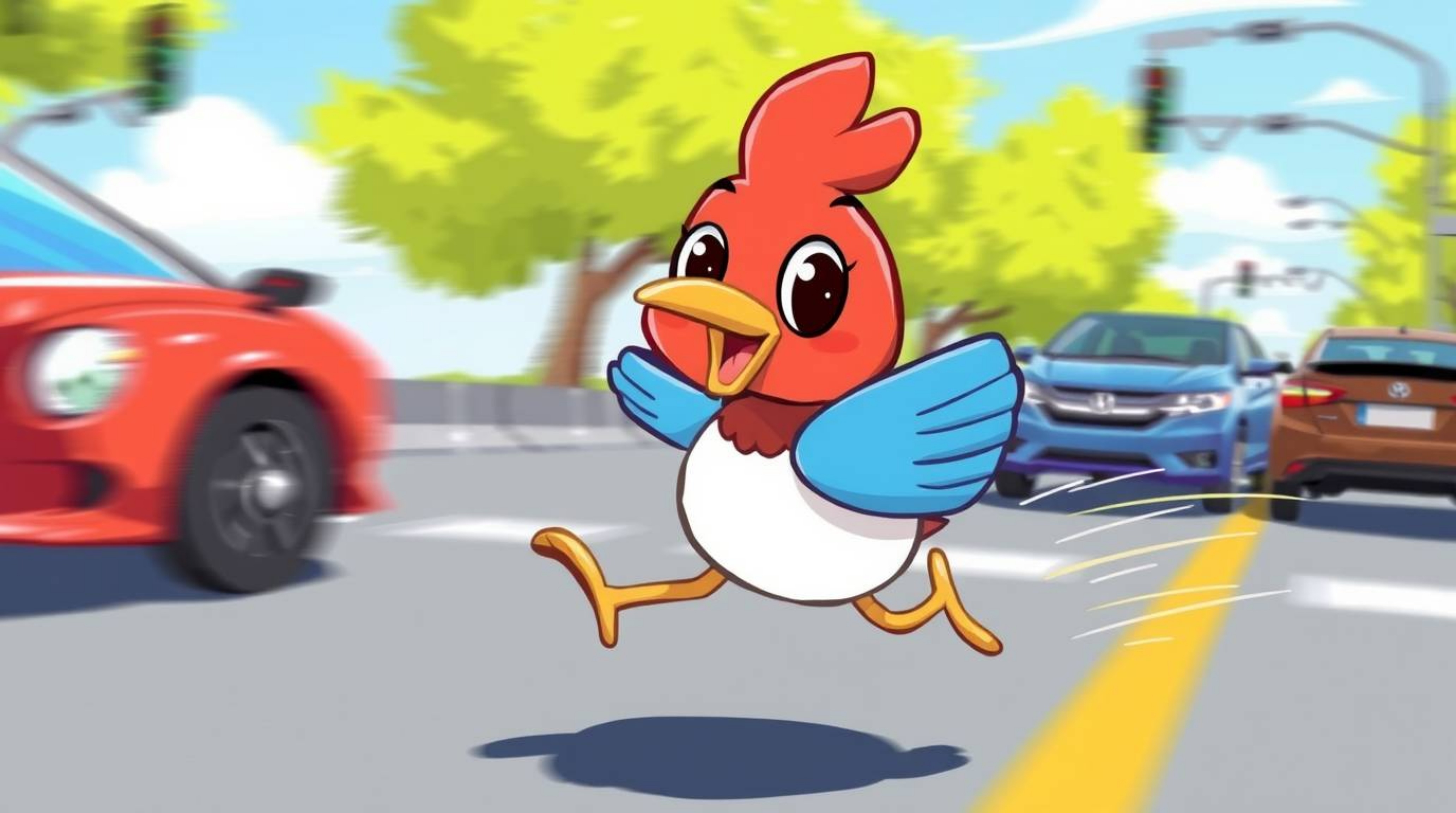An energetic illustration showcases a fast-running bird zooming past traffic in a burst of vibrant colors. The adorable and c