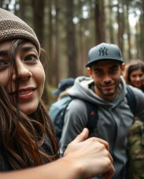 A captivating close-up shot showcases a group of friends immersed in forest exploration. The image is rich in intricate detai