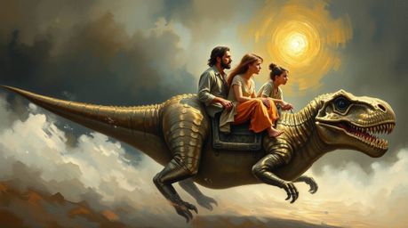 A captivating oil painting depicts a prehistoric family enjoying a whimsical ride in a dinosaur-shaped car.  Rendered with ri