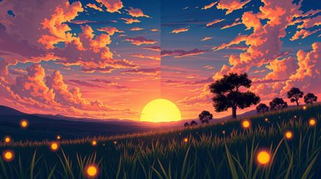 A captivating anime-style illustration depicting a split sunset over a tranquil meadow.  Fireflies begin to twinkle as the vi