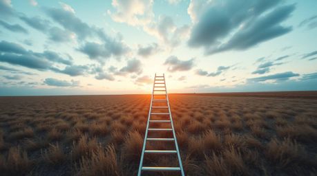 A minimalist scene featuring a silver ladder standing in an open field beneath a wide, cloudy sky, illuminated by glowing bio