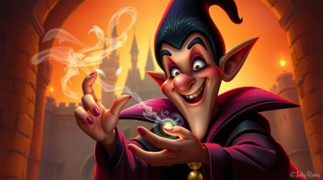 A captivating close-up digital painting showcases an adorable Disney villain casting a spell within the walls of an ancient c