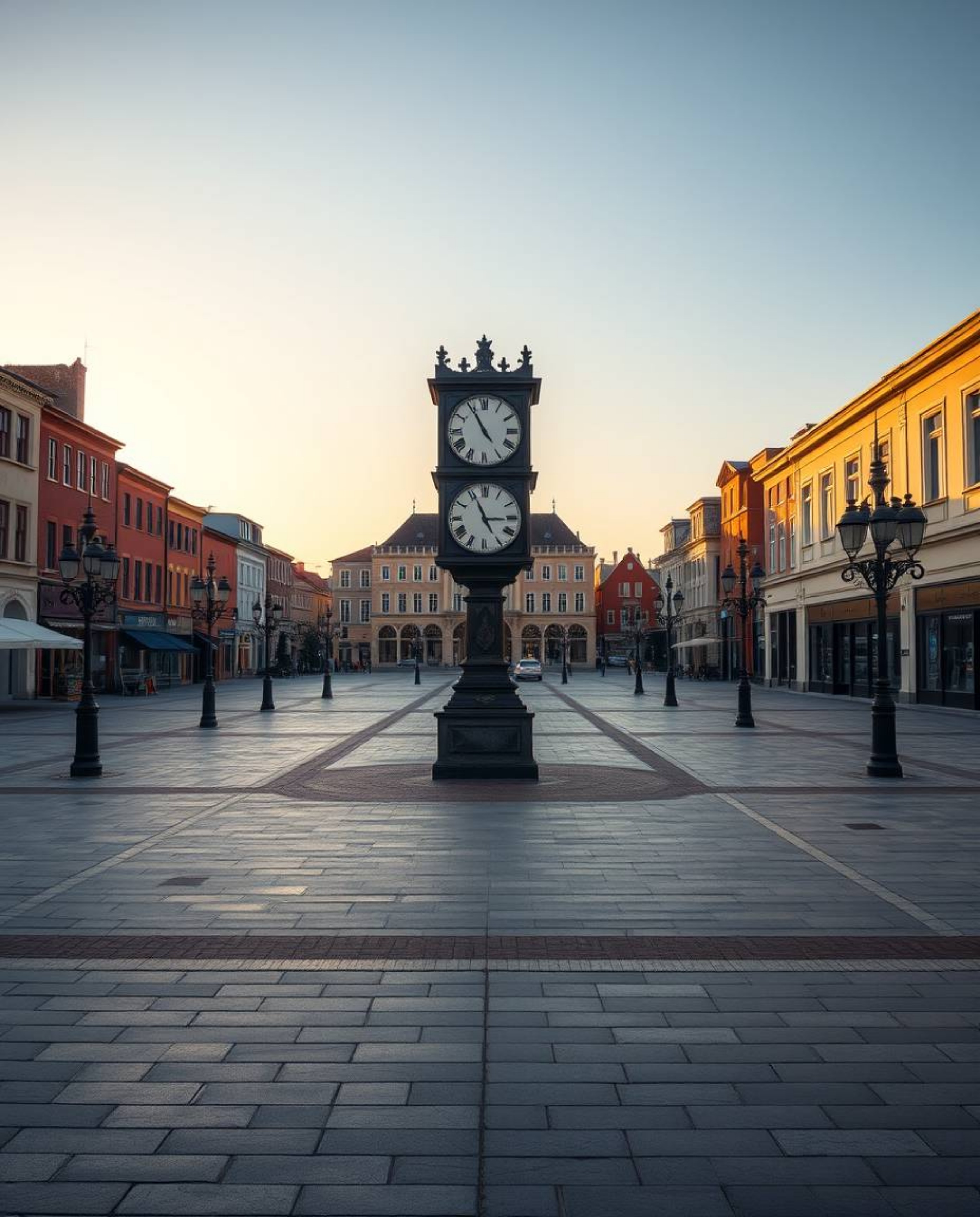 This high-resolution stock photo captures the serene beauty of an empty town square bathed in the warm, golden light of eithe
