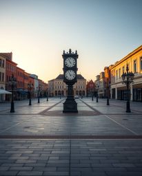 This high-resolution stock photo captures the serene beauty of an empty town square bathed in the warm, golden light of eithe