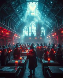 Discover a breathtakingly surreal depiction of a magical school filled with young wizards.  This epic scene blends a modern f