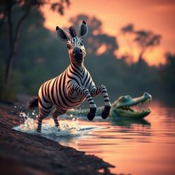 A tight close-up shot capturing a scared 3D cartoon zebra leaping from a riverbank as a crocodile splashes in pursuit. The sc