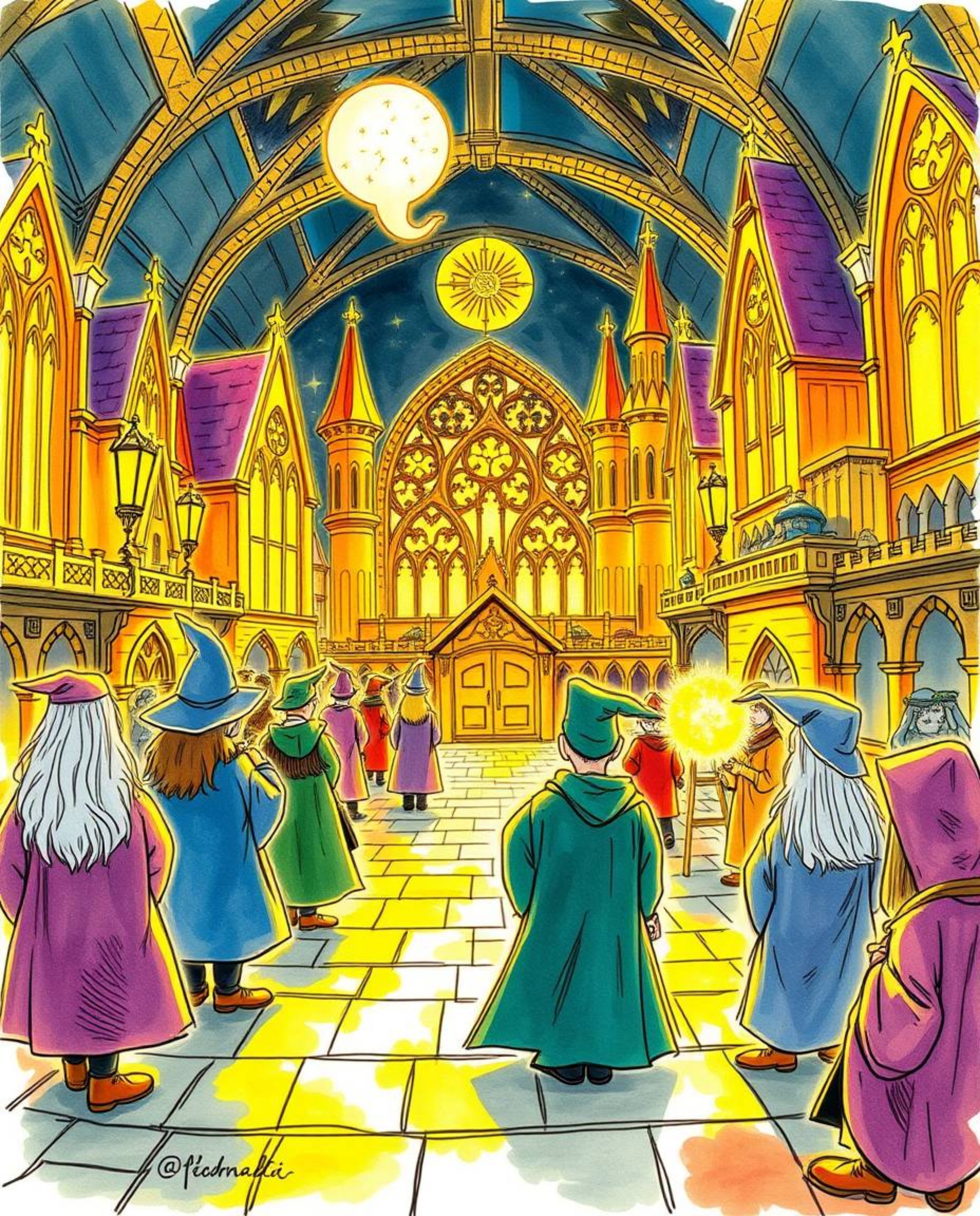 Explore a hand-drawn sketch of a magical school brimming with young wizards, presented in a vibrant color sketchnote style. B