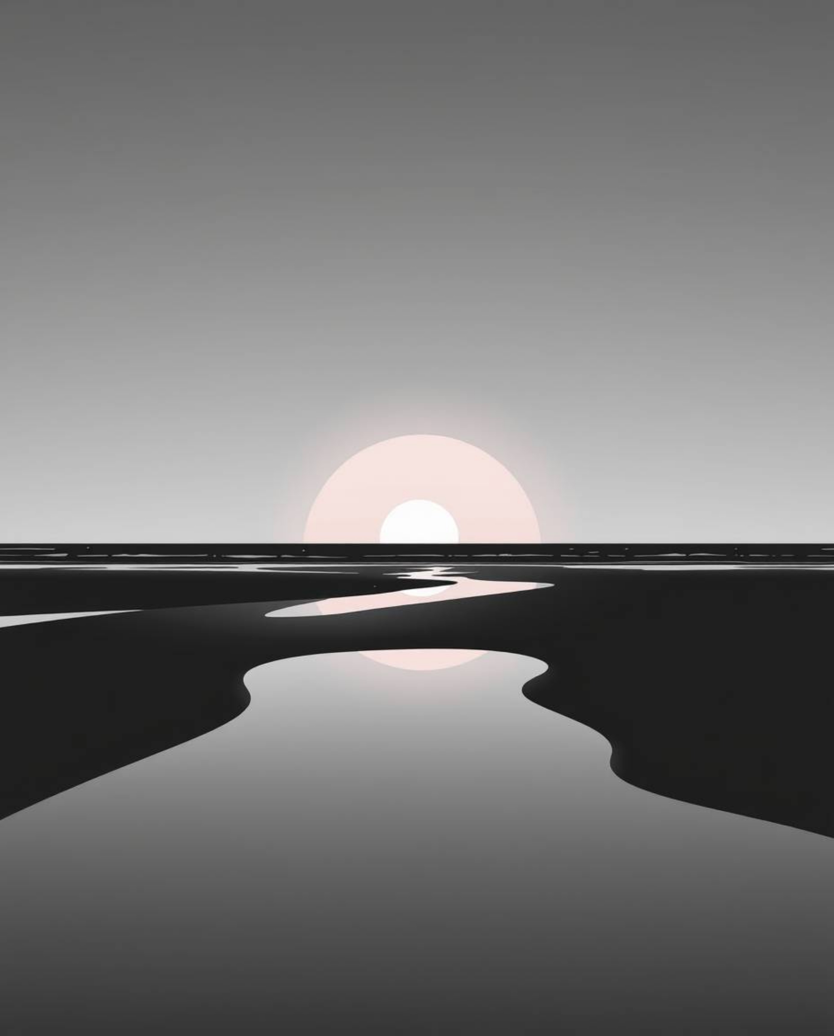 A classic black and white image of a sunset sky mirrored in tidal pools on a beach is presented in a modern flat design. This