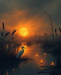A moody illustration of a Golden hour wetlands scene with herons, uniquely lit by the gentle flicker of warm candlelight. The