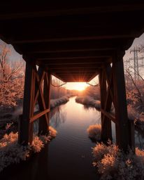 An extreme macro close-up captures the intricate details of an old wooden bridge over a river at sunset. The image is rendere