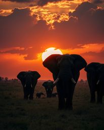 A high angle perspective captures elephants walking across a field at sunset, utilizing intense dramatic lighting and high co