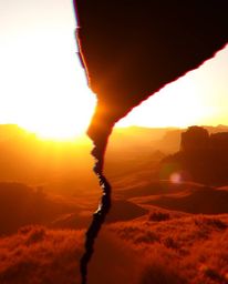 Explore stunning digital glitch landscapes bathed in the warm, golden light of either sunrise or sunset. These divided sectio