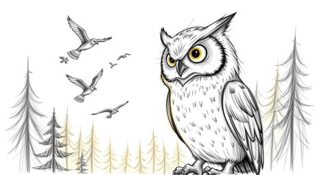 A captivating hand-drawn pencil sketch in the style of Pixar, depicting a blind owl with soft feathers and expressive eyes, g