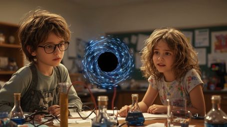 In a vibrant, cinematic photograph reminiscent of Pixar's whimsical storytelling, two enthusiastic science fair students—a bo