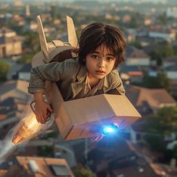 Exquisite high-fashion photography captures a boy with bright, curious eyes meticulously crafting a vibrant, glowing cardboar