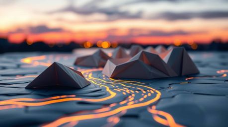 Experience the captivating beauty of a river delta rendered in an intricate origami style. This artwork captures dynamic moti