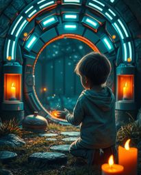 A child stumbles upon a mesmerizing magical portal hidden in their backyard. This futuristic sci-fi scene blends warm candle