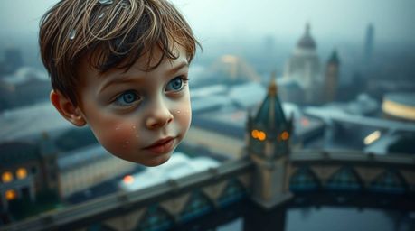 A captivating scene depicts a young boy with gentle features soaring above a rain-soaked London, propelled by shimmering pixi