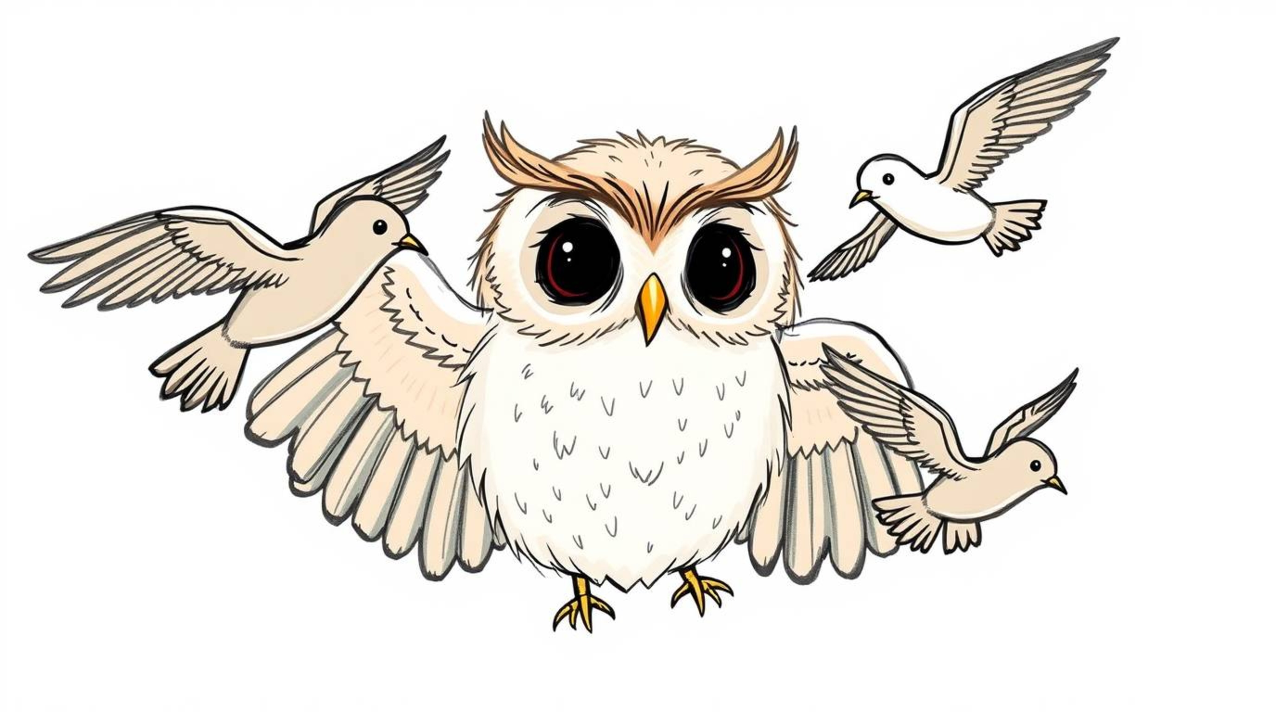 A charming Pixar-style, hand-drawn sketch depicting a blind owl with soft, slightly ruffled feathers as it guides tiny birds 