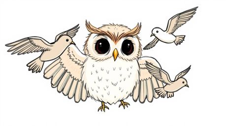 A charming Pixar-style, hand-drawn sketch depicting a blind owl with soft, slightly ruffled feathers as it guides tiny birds 