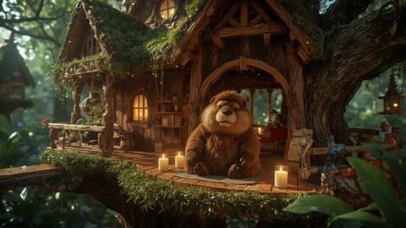 A highly detailed, vibrant, and warm high-resolution stock photo captures a serene beaver with a fluffy brown coat, wearing a