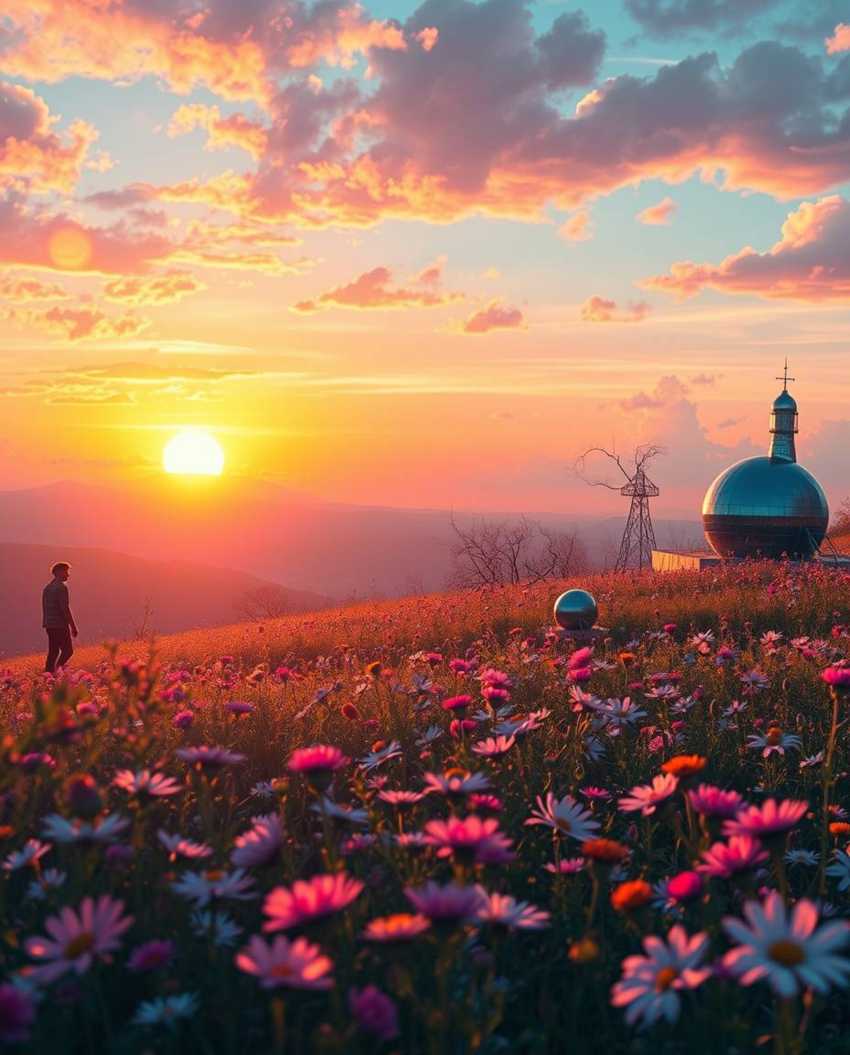 Iridescent colors shimmer over dreamlike, surreal imagery of a spring sunset over a wildflower meadow. This artwork features 