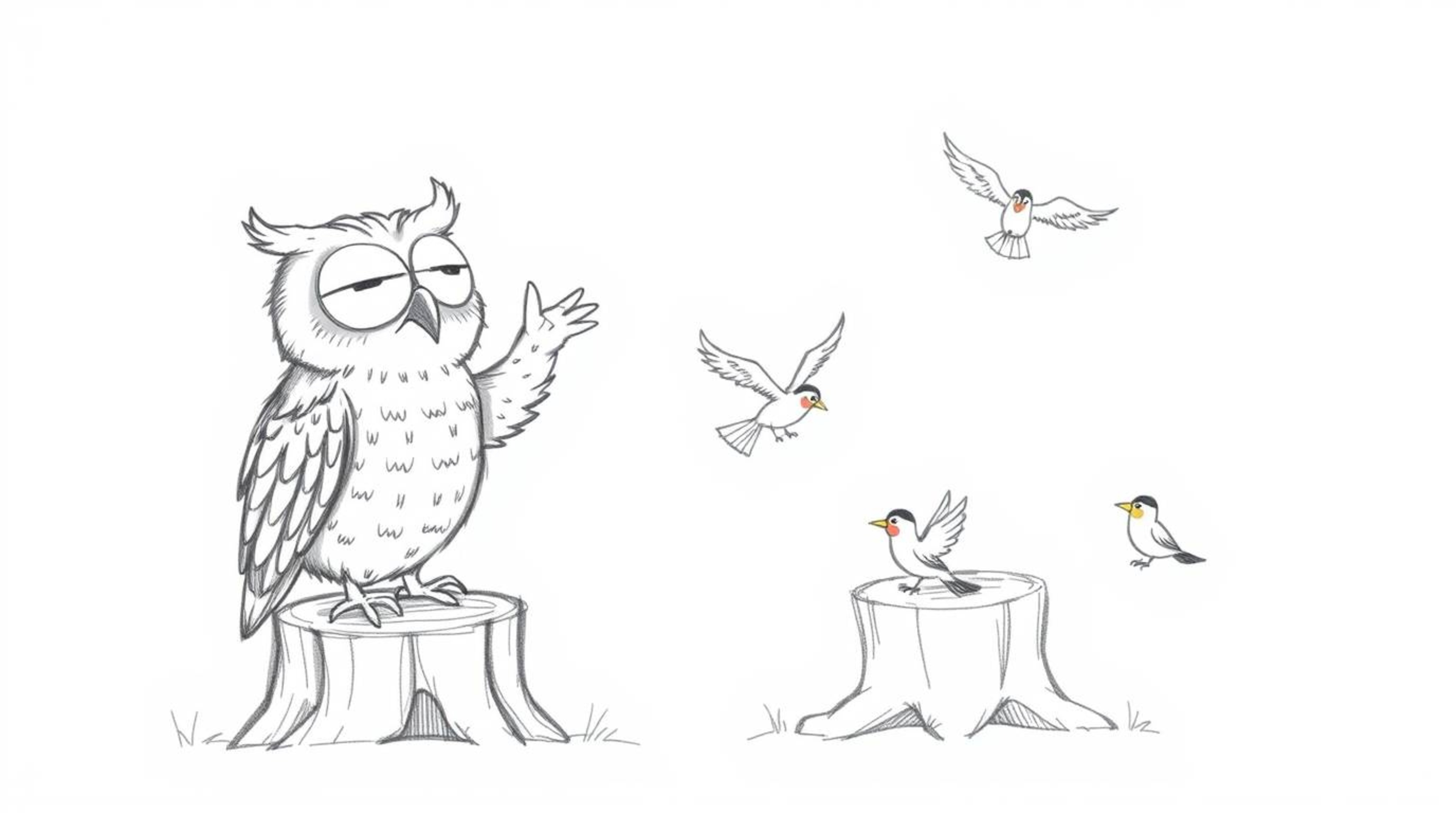 A whimsical hand-drawn sketch in a Pixar style showcasing a blind owl with expressive features, textured feathers, and a hear
