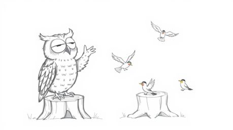 A whimsical hand-drawn sketch in a Pixar style showcasing a blind owl with expressive features, textured feathers, and a hear