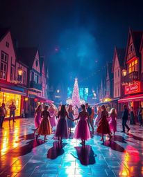 A captivating musical number unfolds in a brightly lit town square, bathed in iridescent light.  The vibrant, otherworldly at