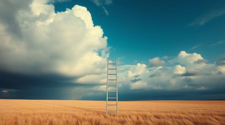 A minimalist scene featuring a silver ladder in a wide open field under a cloudy sky, imbued with rich burgundy and deep blue