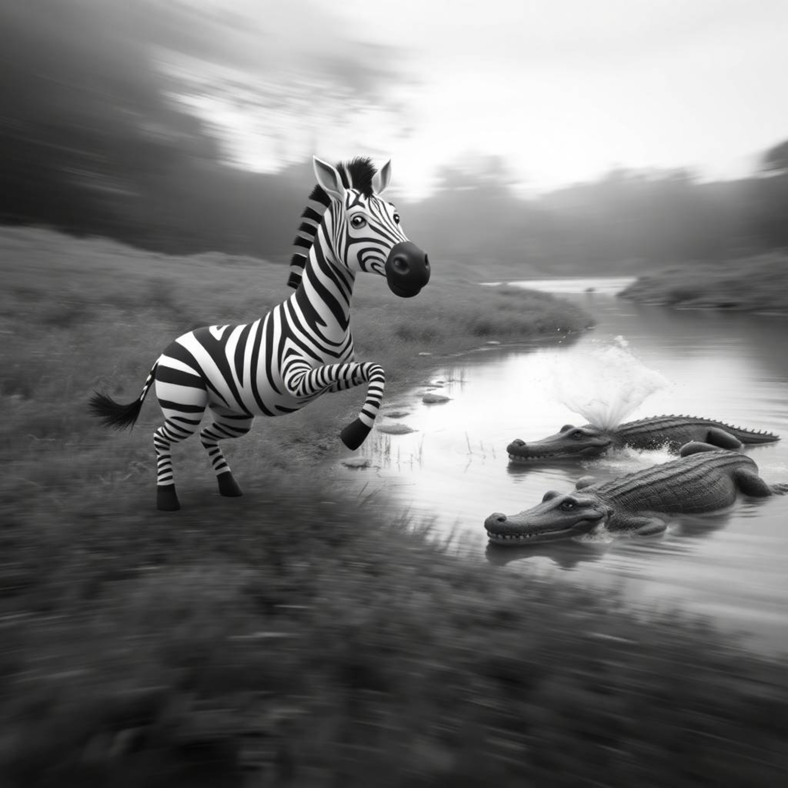 A stunning long exposure black and white photograph captures a whimsical scene. A 3D cartoon zebra with iconic black and whit