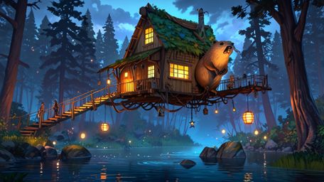 In a breathtaking nighttime scene rendered in a beautiful fusion of Pixar and anime styles, a benevolent beaver and a group o