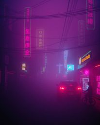 This professional fine art photograph captures a cyberpunk street scene through a pixelated glitch effect, bathed in neon haz